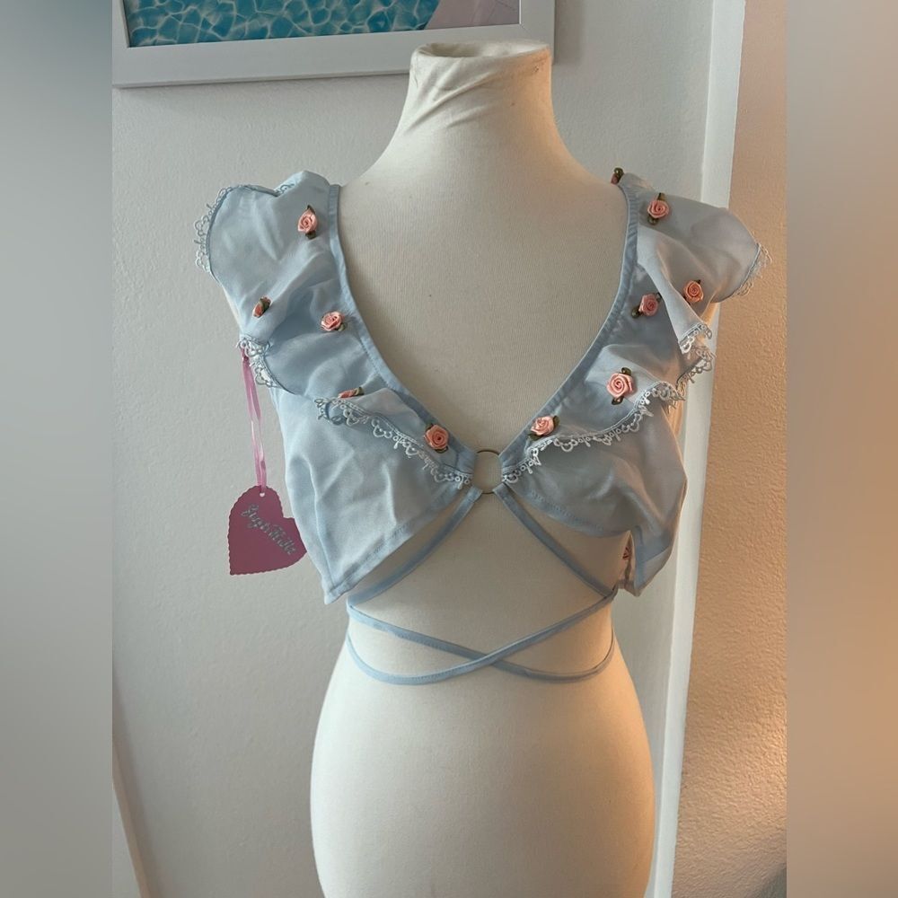 DOLLS KILL SUGAR THRILLZ Baby Blue Coquette Rosebud Bustier Top XL BNWT